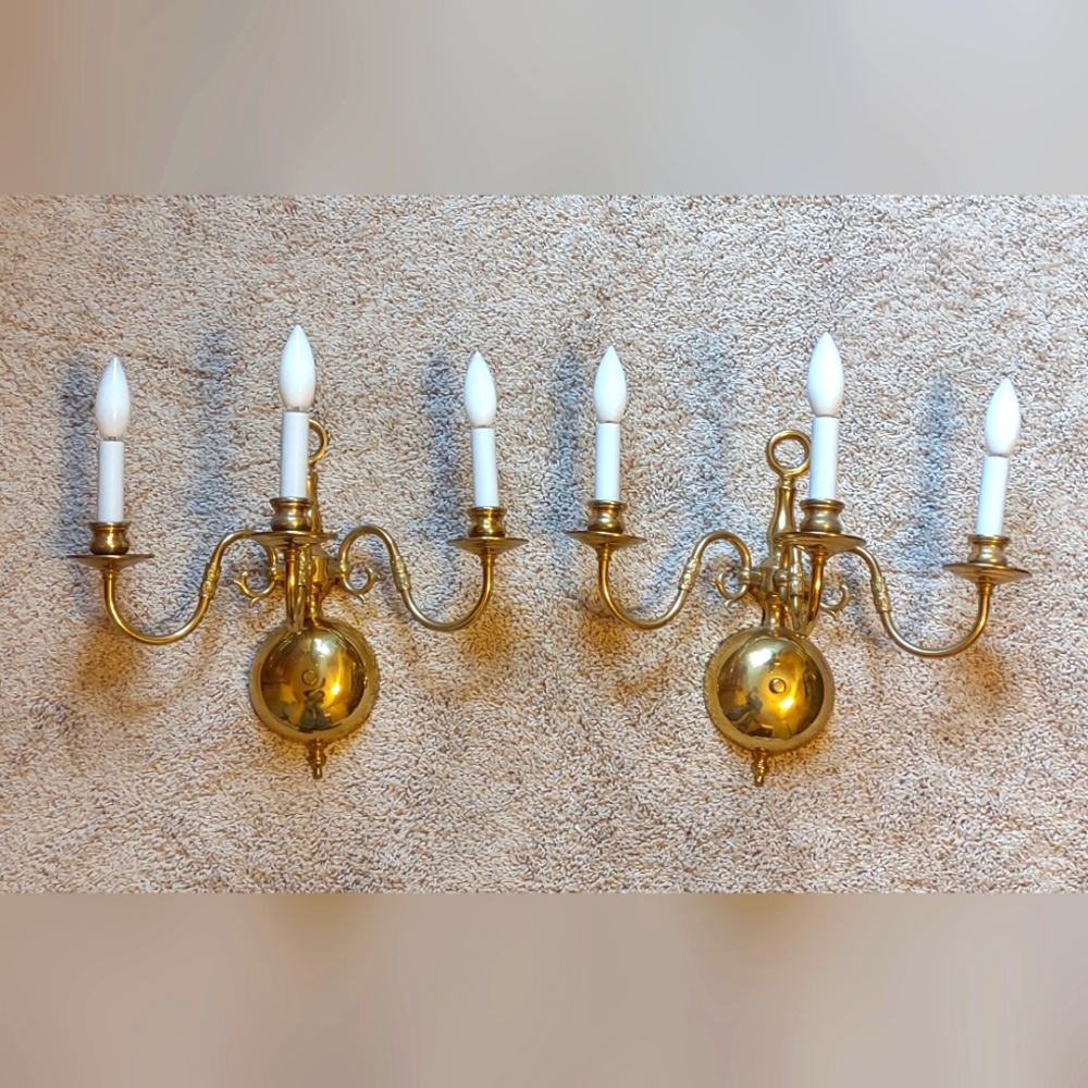 Pair of Vintage Brass Georgian Style 3-Arm Wired Wall Sconce Light Fixtures